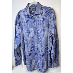 Thomas Dean LS Button Down Blue Paisley And Plaid Shirt With Accent Cuff Size XL